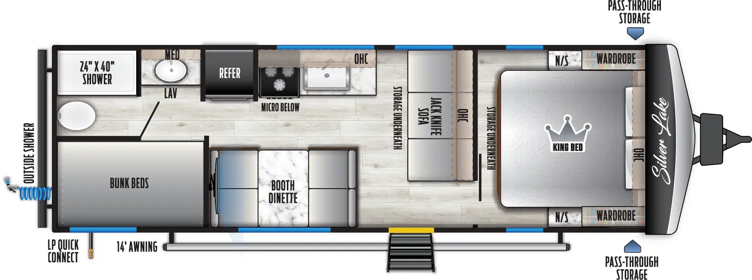 The 2400BH has zero slideouts and one entry door. Exterior features LP quick connect, 14 foot awning, front pass-through storage, and rear outside shower. Interior layout front to back: foot-facing king bed with storage underneath, overhead cabinet, and opposing side nightstands and wardrobes; jack-knife sofa with storage underneath and overhead cabinets along inner wall; door side entry, and booth dinette with TV hookup; off-door side kitchen counter with sink, overhead cabinet, cooktop with microwave below, and refrigerator; rear door side bunk beds; rear off-door side sink with medicine cabinet, and separate room with toilet and shower.